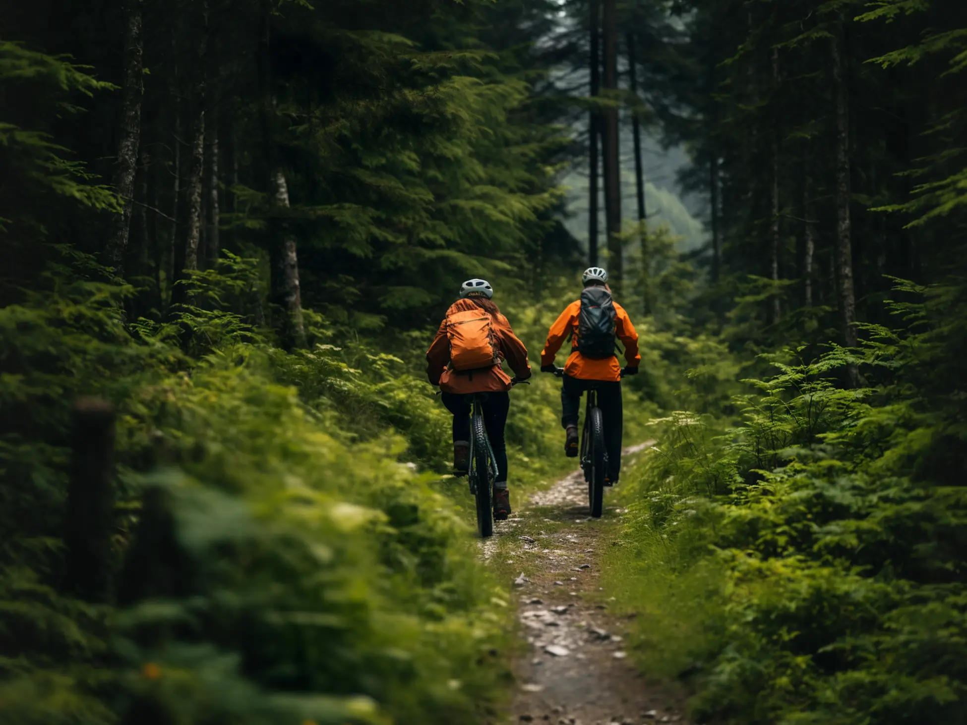 Trailblazing Cyclists in Verdant Wilderness
